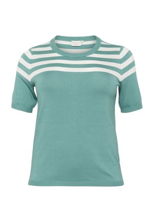 Tirkīza krāsas adīts T-krekls ar noapaļotu kakla izgriezumu, īsām piedurknēm un baltām horizontālām svītrām augšējā daļā. Gluda tekstūra.