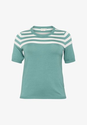 Tyrkysové pletené tričko s okrúhlym výstrihom, krátkymi rukávmi a bielymi horizontálnymi pruhmi na hornej časti. Hladká textúra.
