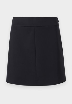 Svart skjørt med en jevn tekstur, med rette linjer, uten synlige mønstre, og med bred linning. Enkel design, minimalistisk stil.