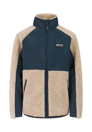 Blau-beige Fleecejacke mit Reißverschluss, hohem Kragen, Seitentaschen und "PRO TEST" Logo auf der Brust.