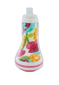 Kleurvolle rubberen regenlaars met een glanzende afwerking, bloemen- en fruitpatronen, witte zool met roze accenten, en een trekhaak aan de achterkant.