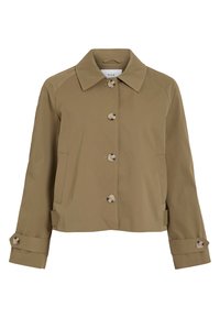 Khaki short jacket featuring a straight cut, a collar, six buttons, side pockets, and rolled cuffs with button accents. Smooth texture, lightweight fabric.