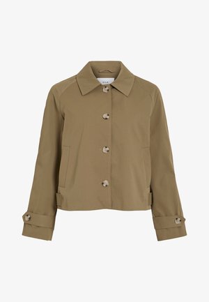 Khaki lühike jakk, millel on sirge lõige, krae, kuus nulli, küljetaskud ja rullitud varrukad nupuga aksessuaaridega. Sile tekstuur, kerge kangas.