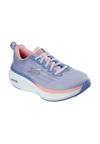 Scarpa sportiva azzurro chiaro con dettagli rosa. Presenta una tomaia in maglia, un colletto imbottito e una suola bianca spessa con dettagli testurizzati.