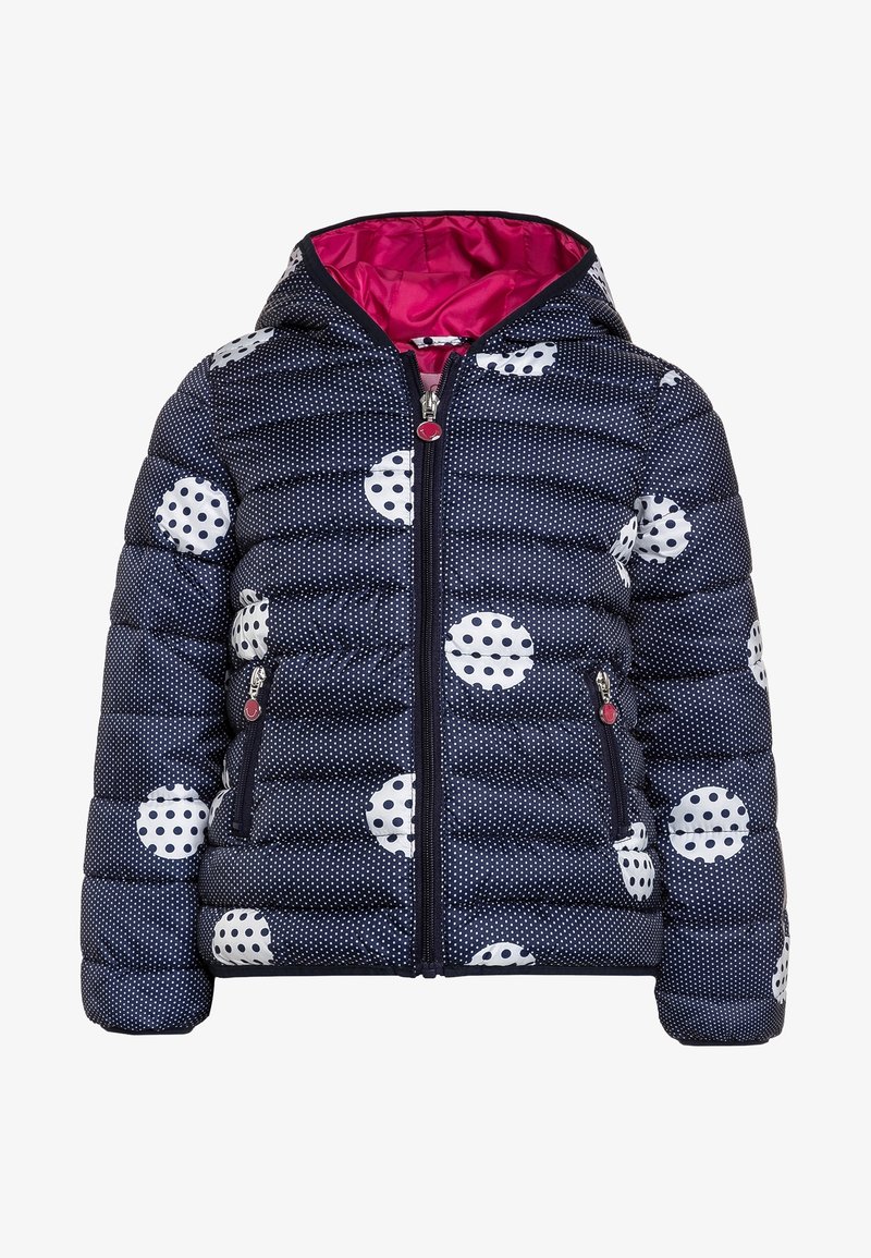 Doudoune navy à pois blancs et intérieur rose. Dispose d'une fermeture éclair et de deux poches latérales. Design matelassé pour l'isolation.