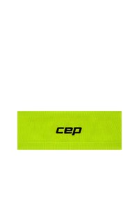 Helles gelbes CEP-Stirnband aus Stoff mit strukturierter Oberfläche; verfügt über ein schwarzes Logo und seitliche Akzente für besseren Halt.