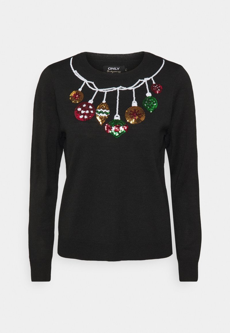 Pull noir à manches longues avec des ornements de Noël pailletés suspendus à une ficelle blanche sur la poitrine.
