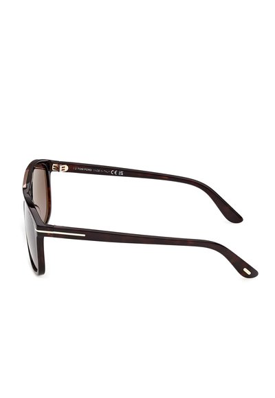 Dark tortoiseshell rectangular sunglasses with thin arms, metal logo detail near hinges, and gradient brown lenses.