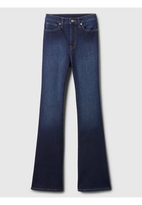 Jean en denim bleu foncé avec taille haute, hanches droites et jambes légèrement évasées, posé à plat sur un fond blanc.