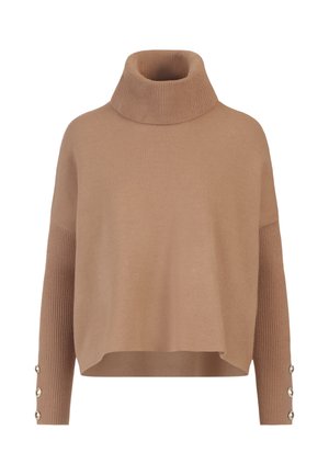 Beżowy sweter z golfem o luźnym kroju, z prążkowaną fakturą przy mankietach oraz ozdobnymi guzikami na rękawach. Miękka dzianina.