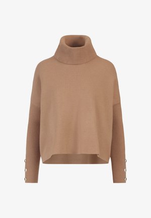 Beige Rollkragenpullover mit lässiger Passform, geripptem Textur an den Manschetten und dekorativen Knopfakzenten an den Ärmeln. Weicher Strickstoff.