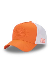 Casquette orange avec une visière arrondie, dotée d'un dos en maille blanche. Logo "Von Dutch" en relief au centre à l'avant et accents de couture.