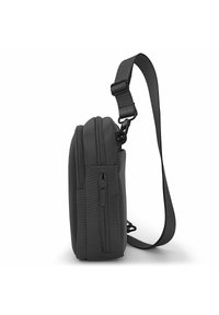 Black nylon shoulder bag with a rectangular shape, featuring a zippered pocket on the side, adjustable strap, and textured surface.