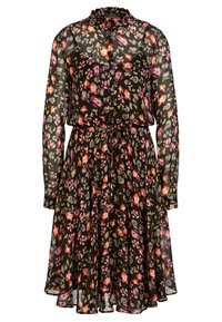 Vestito black a fiori con maniche lunghe, colletto arricciato, vita da annodare e gonna fluida, caratterizzato da motivi floreali multicolori e tessuto trasparente.