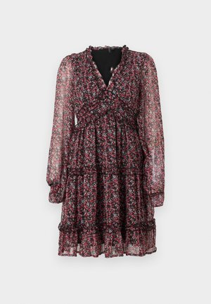 Mustast läbipaistvast kangast lillemustriline kleit, pikkade varrukatega, lopsaka V-kaelusega, kogutud talje, kihiline seelik ning väike punase ja valge lillemuster.