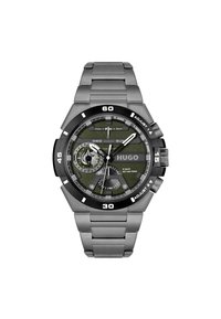 Montre Hugo avec un bracelet en acier inoxydable, un cadran texturé noir et vert, des index heures blancs, et des sous-cadrans pour la fonctionnalité jour et date.
