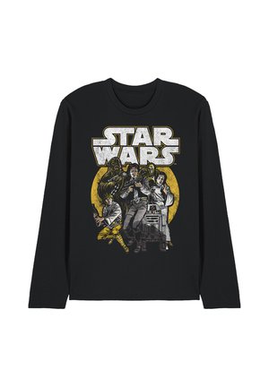 Schwarzes Langarmshirt mit Vintage-Star-Wars-Logo über den Charakteren einschließlich Chewbacca, Han Solo, Prinzessin Leia, Luke Skywalker, C-3PO und R2-D2.