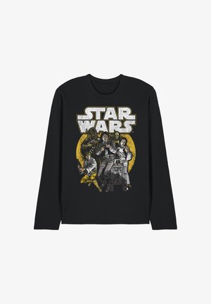 Schwarzes Langarmshirt mit Vintage-Star-Wars-Logo über den Charakteren einschließlich Chewbacca, Han Solo, Prinzessin Leia, Luke Skywalker, C-3PO und R2-D2.
