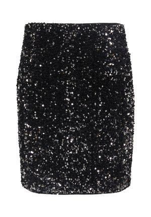 Schwarze, mit Pailletten bedeckte, figurbetonte Design, glatte Textur und schlichte Silhouette. Schimmernde Details reflektieren das Licht.