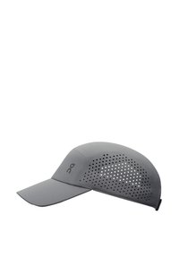 Gray cap made of lightweight material, featuring a solid front with a perforated back for ventilation and a curved visor. Logo on the side.