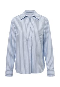 Lichtblauwe blouse met lange mouwen, verticale witte en zwarte strepen, een brede kraag en een diepe V-hals.