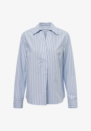 Light blue long-sleeve blouse with vertical white and black stripes, a wide collar, and a deep V-neck placket.