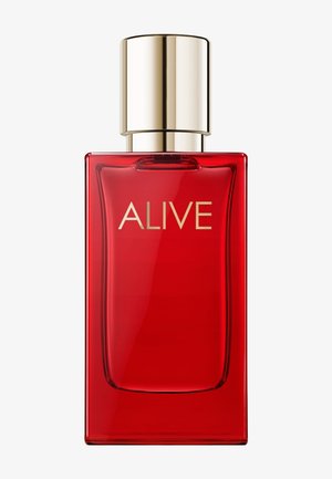 Red rectangular perfume bottle with gold cap and "ALIVE" written in gold on the front, set against a white background.