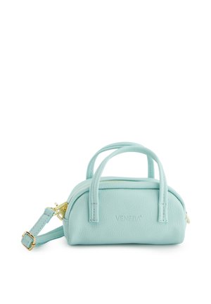 Kleine hellblaue Ledertasche mit zwei Henkeln, abnehmbarem Schulterriemen, goldenem Reißverschluss und geprägt "VENEZIA" Logo.