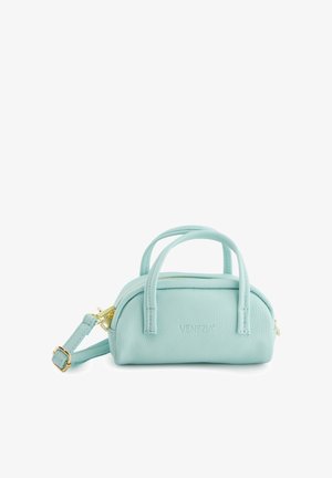 Petit sac à main en cuir bleu clair avec deux poignées, bandoulière amovible, fermeture éclair dorée et logo embossé "VENEZIA".