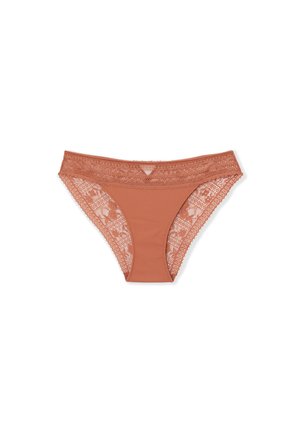 Ropa interior de bikini de encaje para mujer de color óxido con paneles laterales y cinturilla de encaje floral sobre fondo blanco.