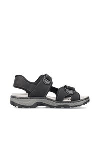 Sandales noires avec deux sangles réglables, doublure intérieure douce, semelle en caoutchouc gris robuste et délicats coutures blanches.