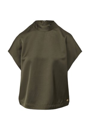 Short-sleeve olive green blouse with a high neck and discreet back zipper, featuring a smooth texture and subtle logo accent at the hem.
