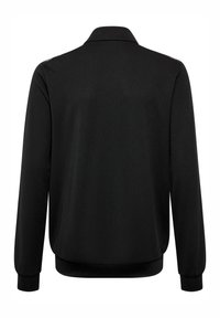 Svart jacka med långa ärmar i texturerat tyg, ribbade muddar och krage. Har en slät baksida utan synliga logotyper eller dekorationer.