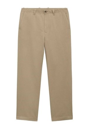 Beige Chinos mit geradem Bein. Aus Baumwolle gefertigt, mit Reißverschluss, Gürtelschlaufen und Fronttaschen. Glatte Textur.