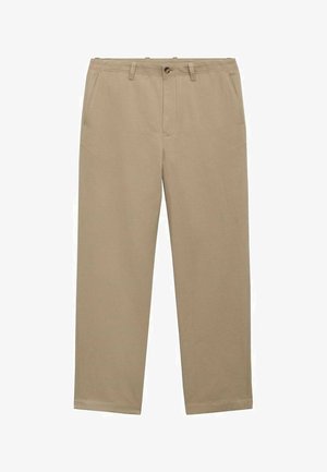 Beige chinos with a straight-leg design. Made of cotton, featuring a zipper fly, belt loops, and front pockets. Smooth texture.