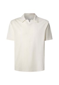 Short-sleeve, light cream polo shirt made of soft cotton, featuring a classic collar and a subtle v-neck design. No patterns or hardware visible.