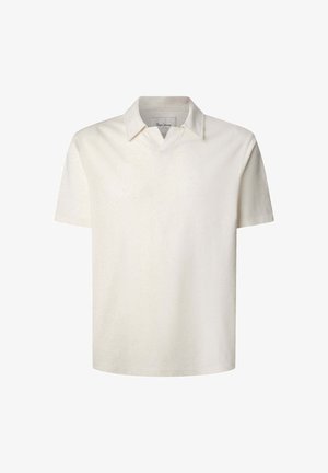 Lühikeste varrukatega, kerge kreemjas värvi polo särk, mis on valmistatud pehmest puuvillast. Sellel on klassikaline krae ja diskreetne v-kaelus. Mustreid ega detailisid ei ole nähtaval.