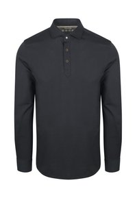 Donker marineblauw langemouw polo shirt van katoen met een knoopsluiting, voorzien van drie knopen en een effen textuur.