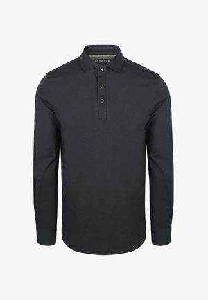 Dunkelblaues Langarmpolo-Shirt aus Baumwolle mit Knopfleiste, ausgestattet mit drei Knöpfen und einer soliden Textur.