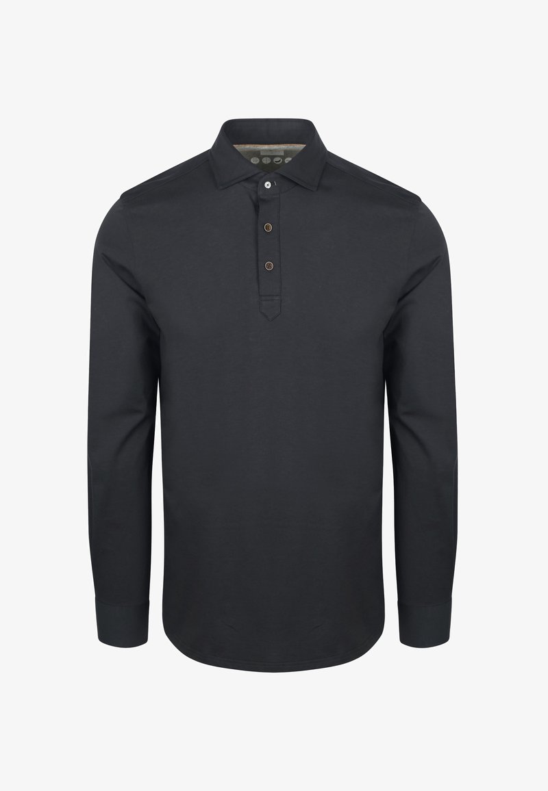 Donker marineblauw langemouw polo shirt van katoen met een knoopsluiting, voorzien van drie knopen en een effen textuur.