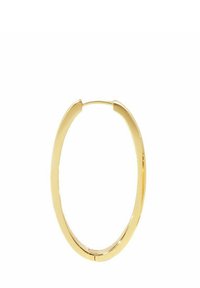 Guldörhänge med en slät, rundad design och en polerad yta. Har en säker låsning och en avlång oval form.