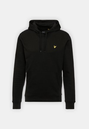 Zwarte hoodie met een kangoeroezak, een capuchon met trekkoord, lange mouwen en een geel logo van een vogel op de linkerkant van de borst. Zachte stofstructuur.