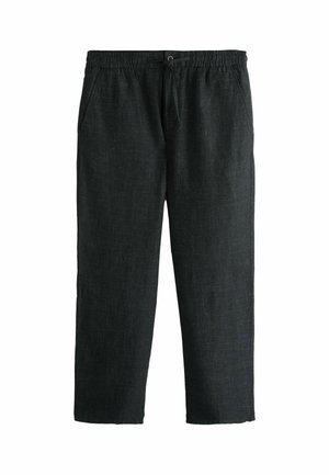 Schwarze Freizeithose aus Leinenmischung mit elastischem Bund, Knopf- und Kordelverschluss sowie Seitentaschen.