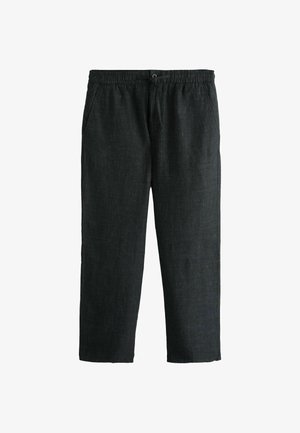 Schwarze Freizeithose aus Leinenmischung mit elastischem Bund, Knopf- und Kordelverschluss sowie Seitentaschen.