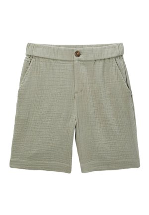 Shorts en tissu texturé gris clair avec taille élastique, fermeture avant par boutons et poches latérales.