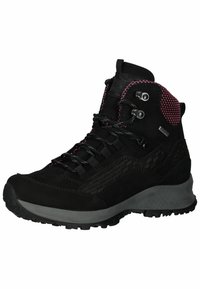 Czarne buty trekkingowe z teksturowaną cholewką i różowymi akcentami w szwie, gumową podeszwą oraz metalowymi oczkami zapewniającymi stabilne dopasowanie.