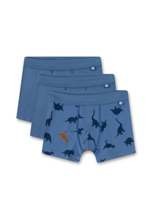 Drei Paar blaue Jungen-Boxershorts. Merkmale sind Dinosauriermuster in Dunkelblau und Orange, weicher Stoff und elastische Bündchen.