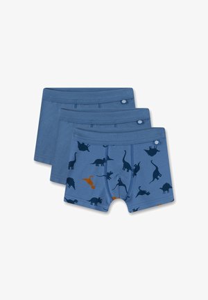 Three pairs of blue boys' boxer briefs. Features include dinosaur patterns in dark blue and orange, soft fabric, and elastic waistbands.