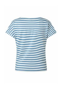 Kurzarm-T-Shirt in hellblau mit weißen horizontalen Streifen. Weicher Stoff mit lockerem Schnitt und Rundhalsausschnitt. Schlichtes Design, keine weiteren Details.