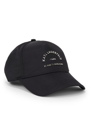 Black baseball cap with curved brim featuring white embroidered text "KARL LAGERFELD PARIS 21 RUE ST-GUILLAUME" on front panel.